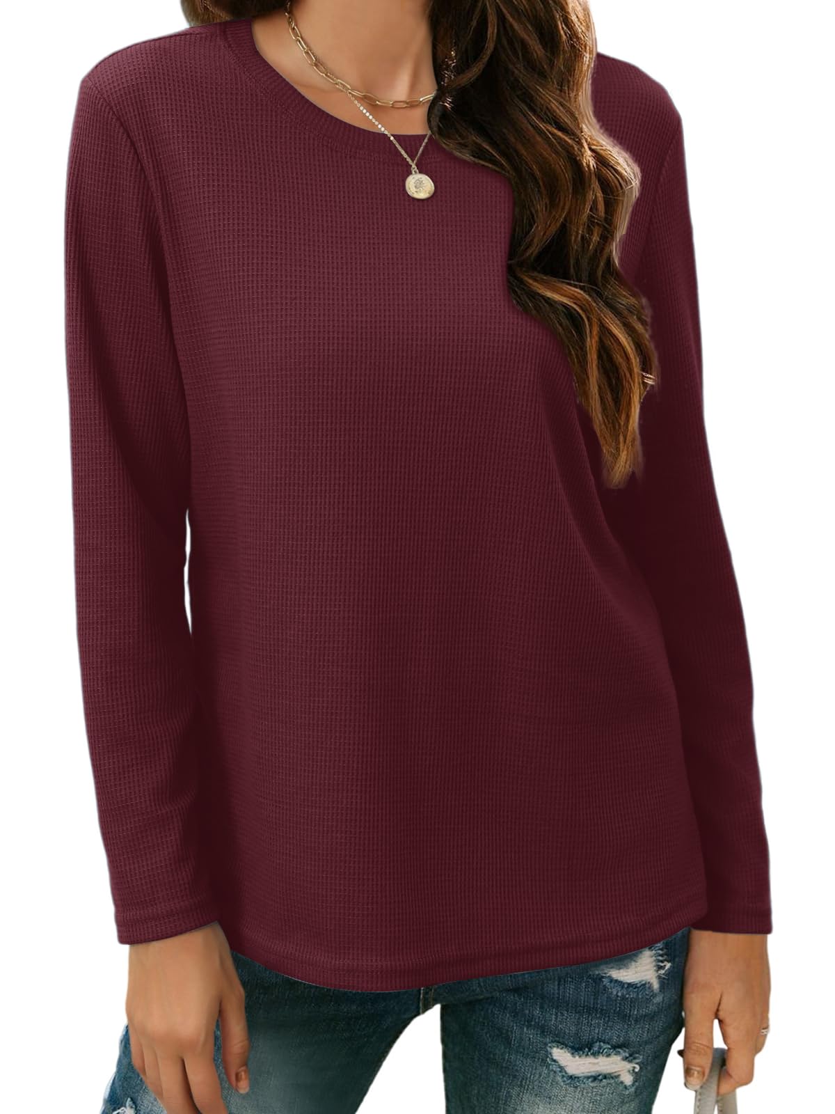 HDLTE Tops for Women Casual Fall Soft Waffle Knit Tshits long sleeve Shirts (X - Large Burgundy) - Bella Blue Styles