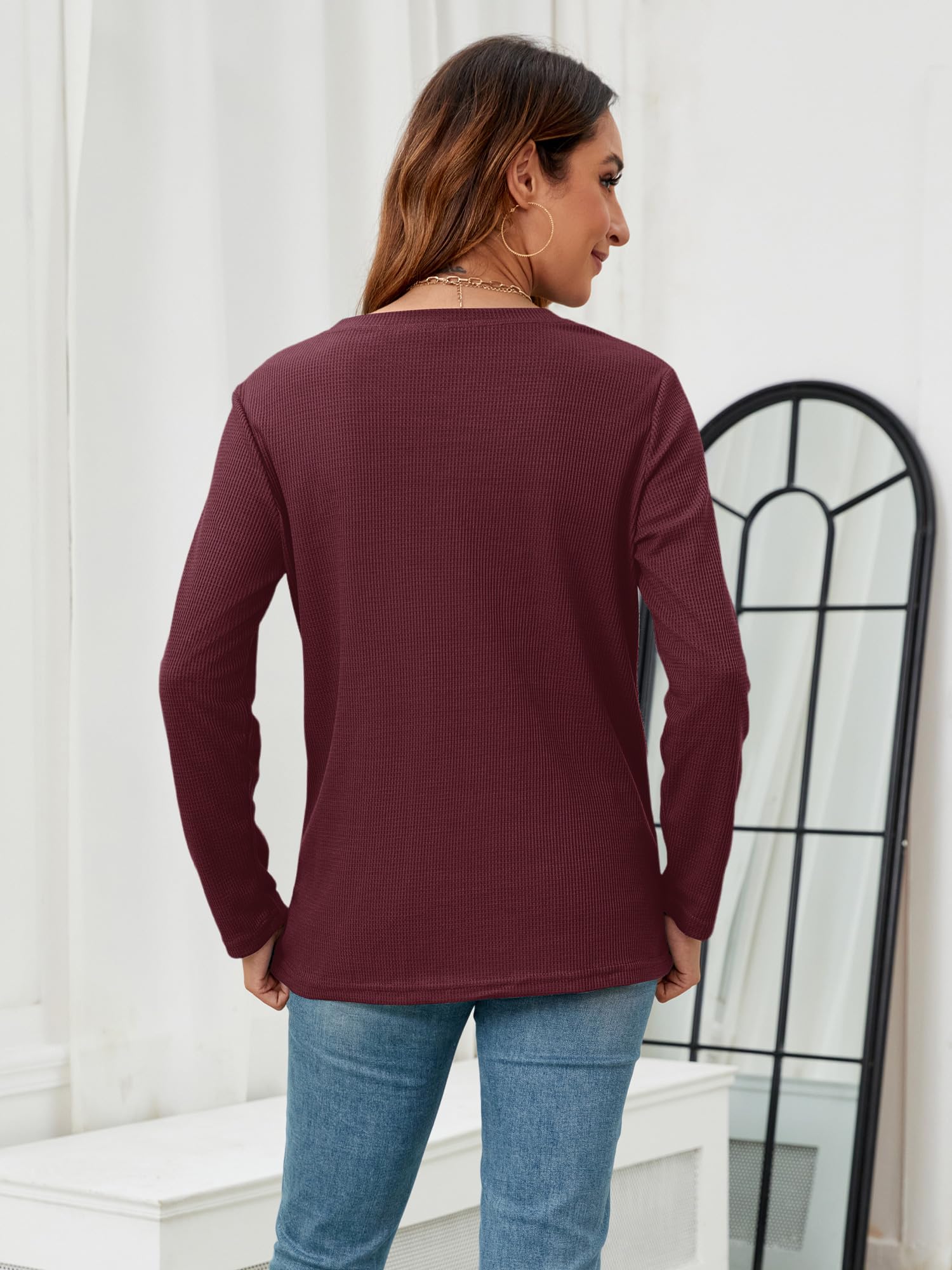 HDLTE Tops for Women Casual Fall Soft Waffle Knit Tshits long sleeve Shirts (X - Large Burgundy) - Bella Blue Styles