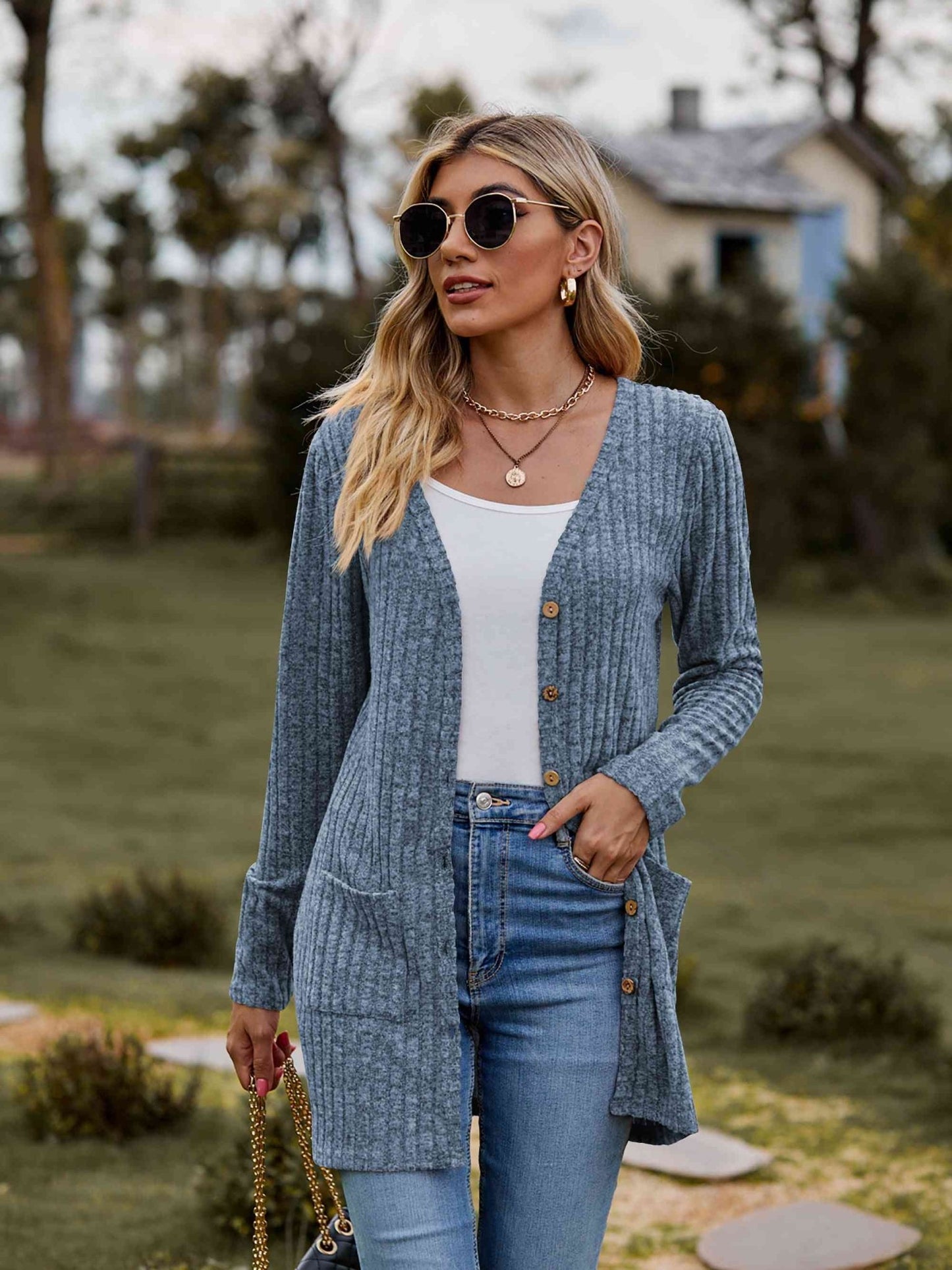 Heather Button-Up Cardigan with Pockets - Bella Blue Styles