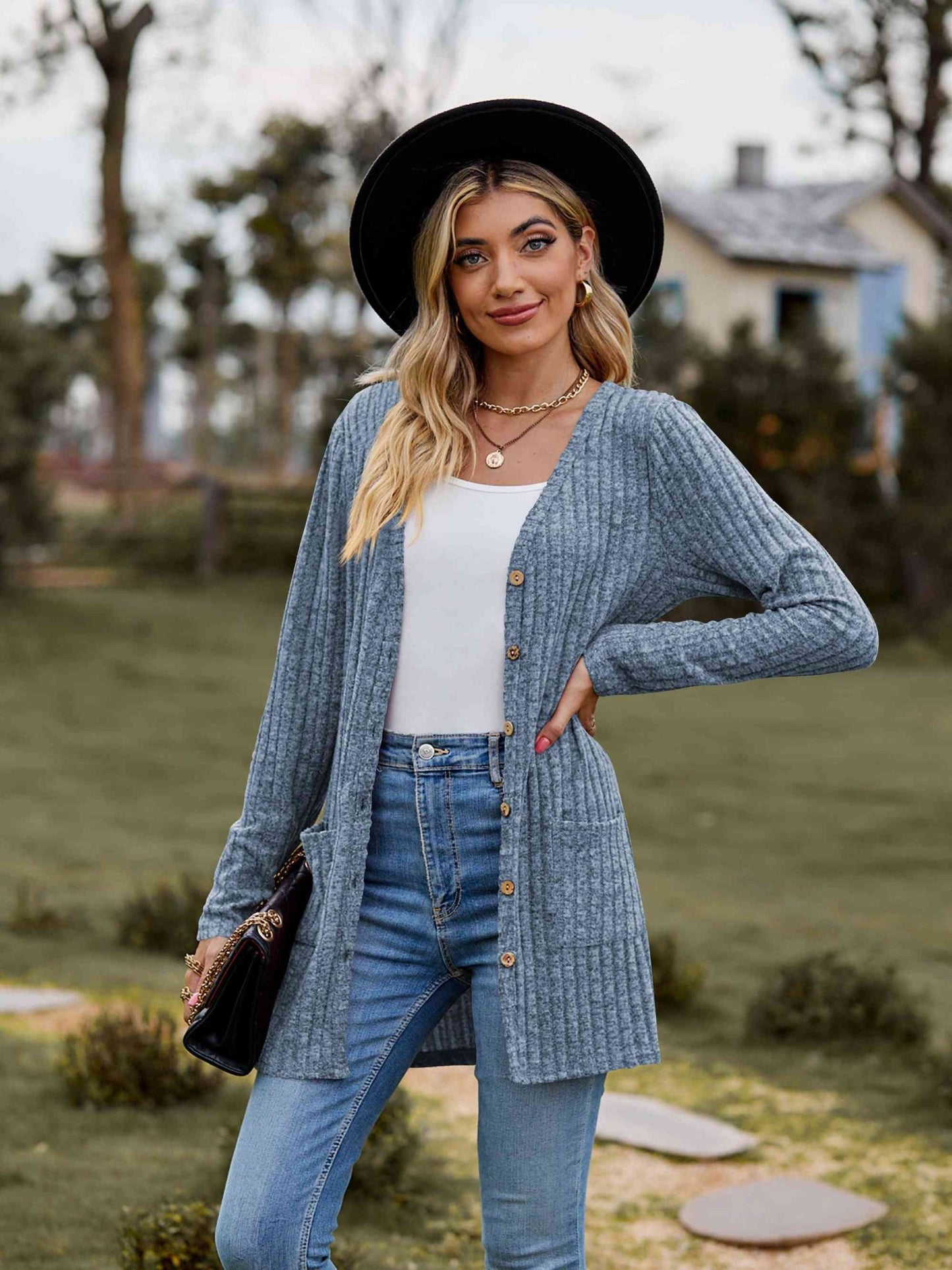 Heather Button-Up Cardigan with Pockets - Bella Blue Styles