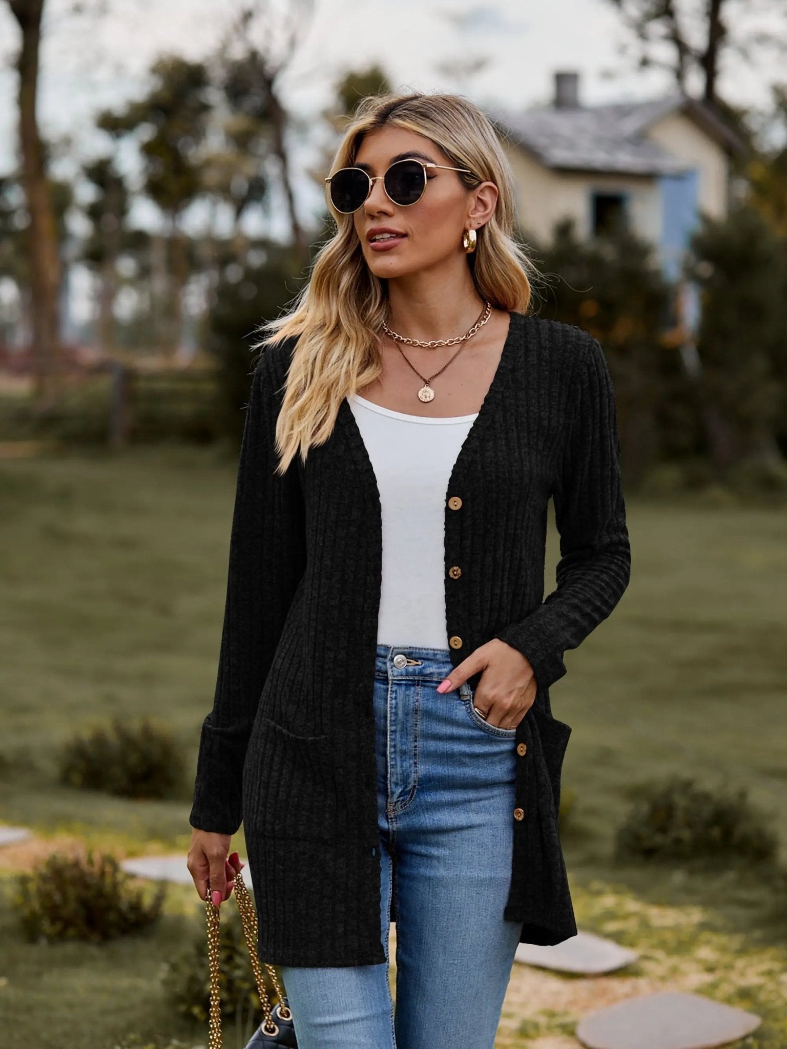 Heathered Button-Up Cardigan in Black - Bella Blue Styles