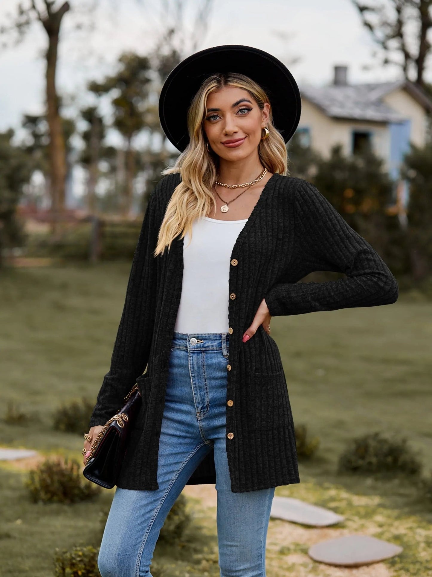 Heathered Button-Up Cardigan in Black - Bella Blue Styles