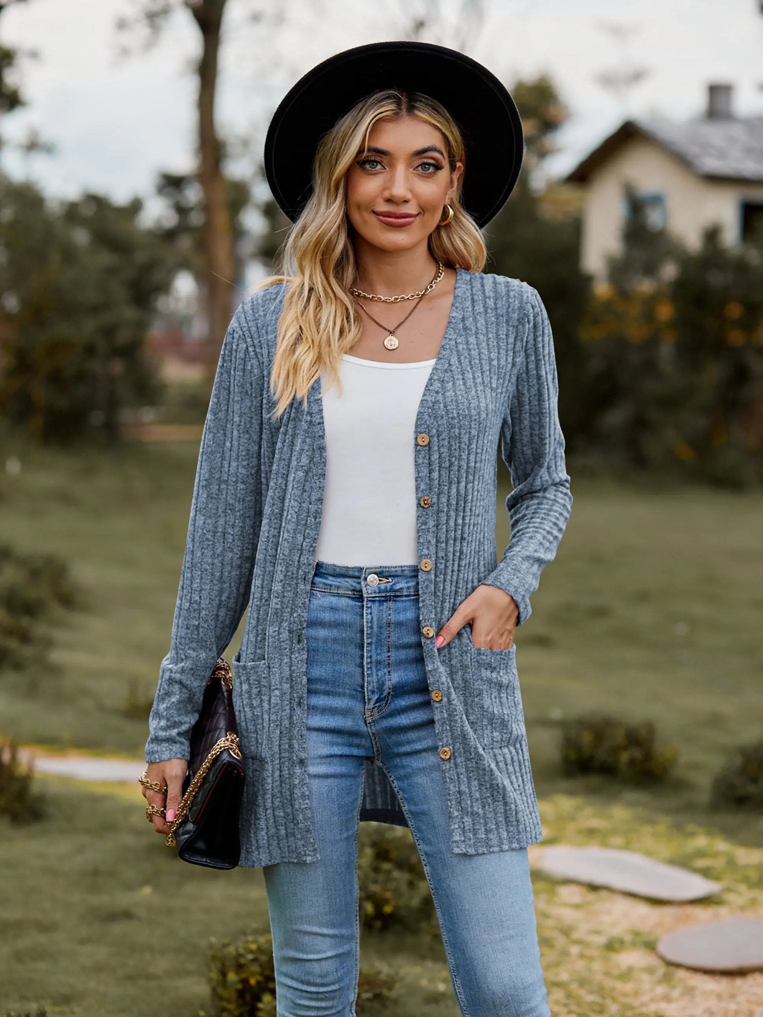 Heathered Button-Up Cardigan in Black - Bella Blue Styles