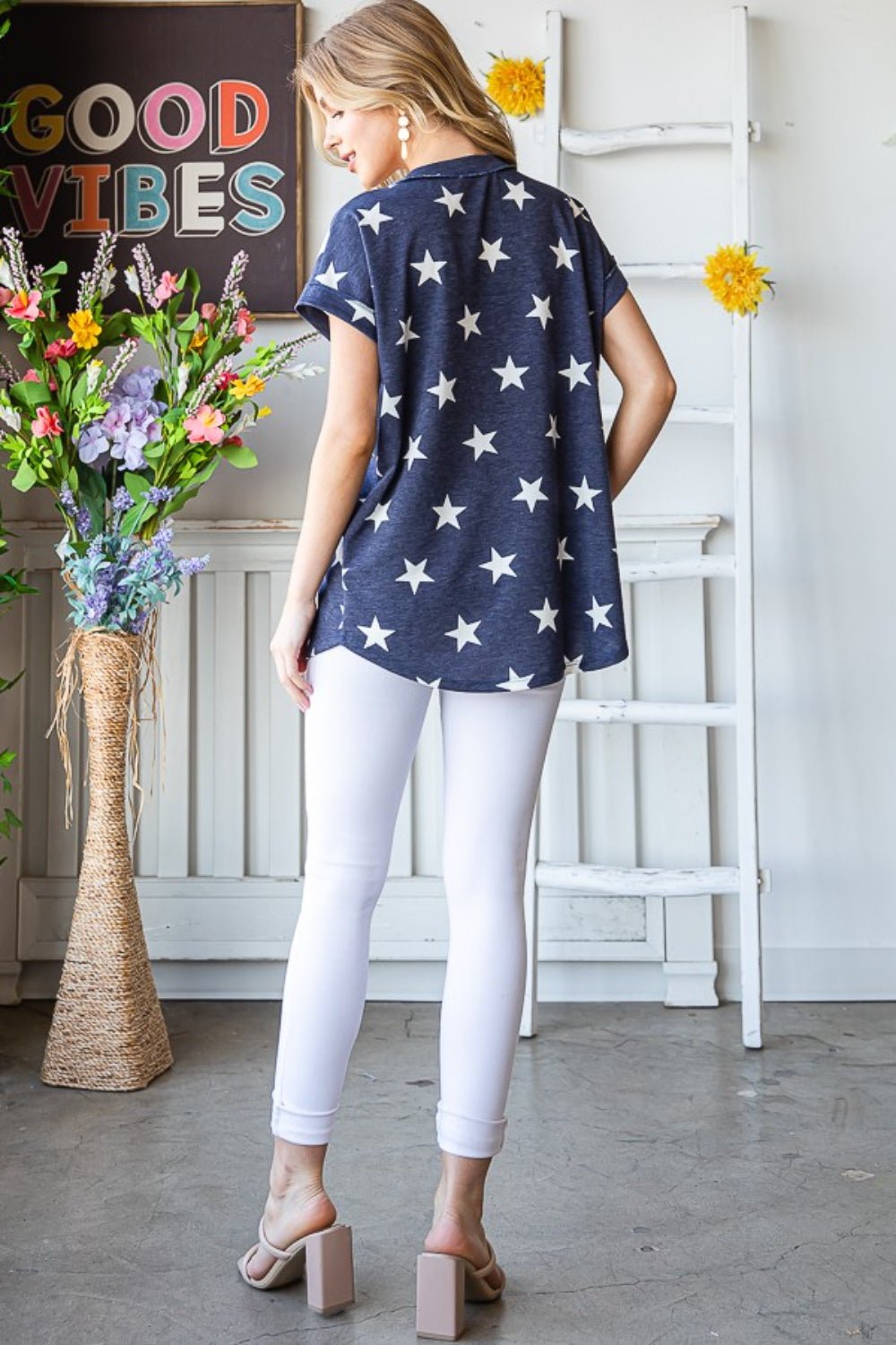 Heimish Full Size Star Print V-Neck Short Sleeve T-Shirt - Bella Blue Styles