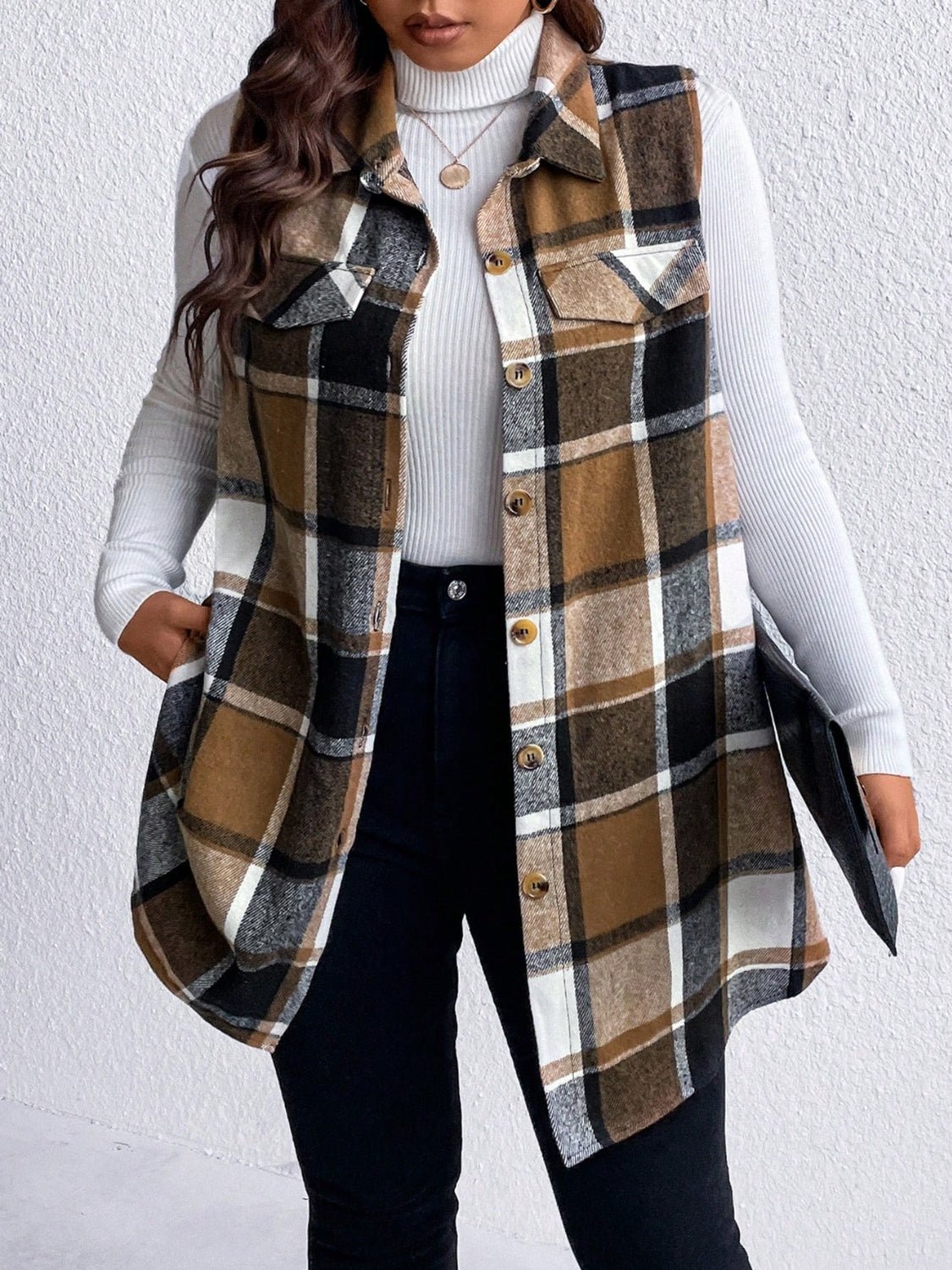 Honey Plus Size Pocketed Plaid Button Up Vest Coat - Bella Blue Styles