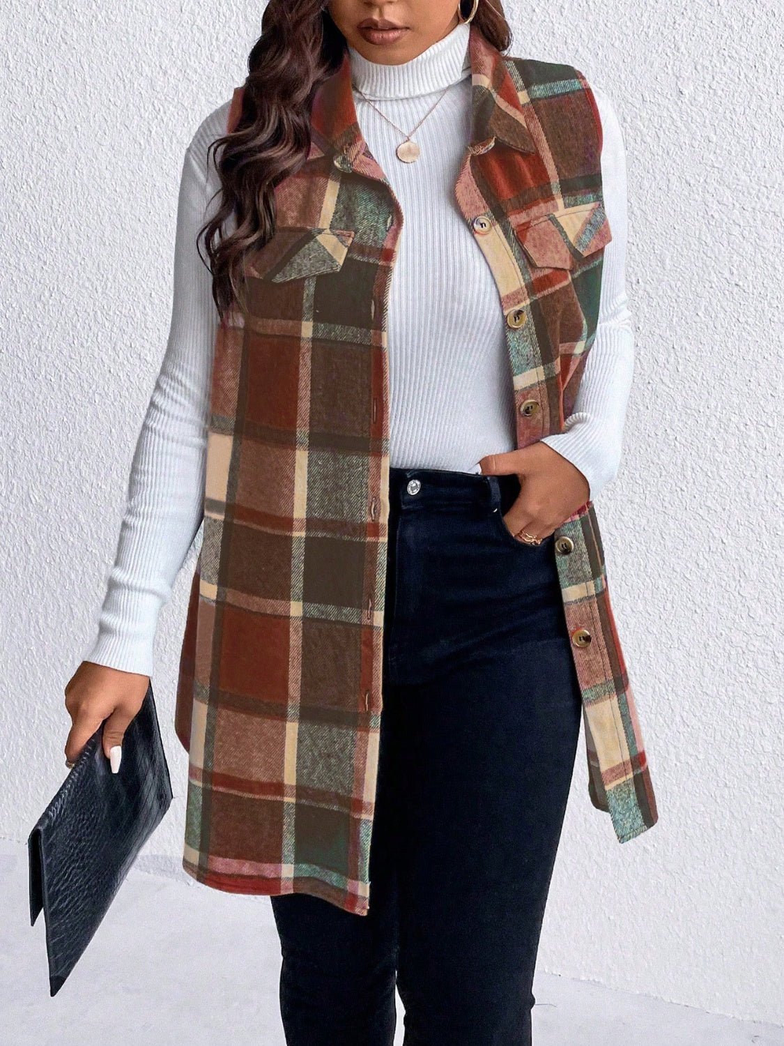 Honey Plus Size Pocketed Plaid Button Up Vest Coat - Bella Blue Styles