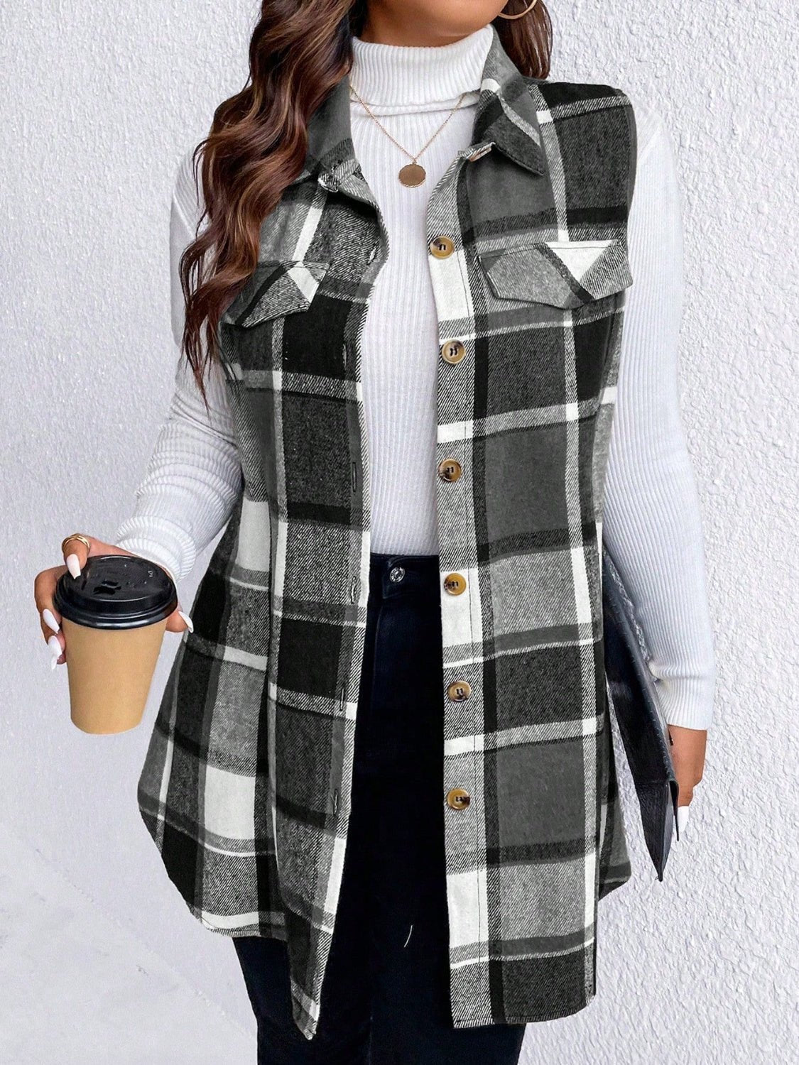 Honey Plus Size Pocketed Plaid Button Up Vest Coat - Bella Blue Styles