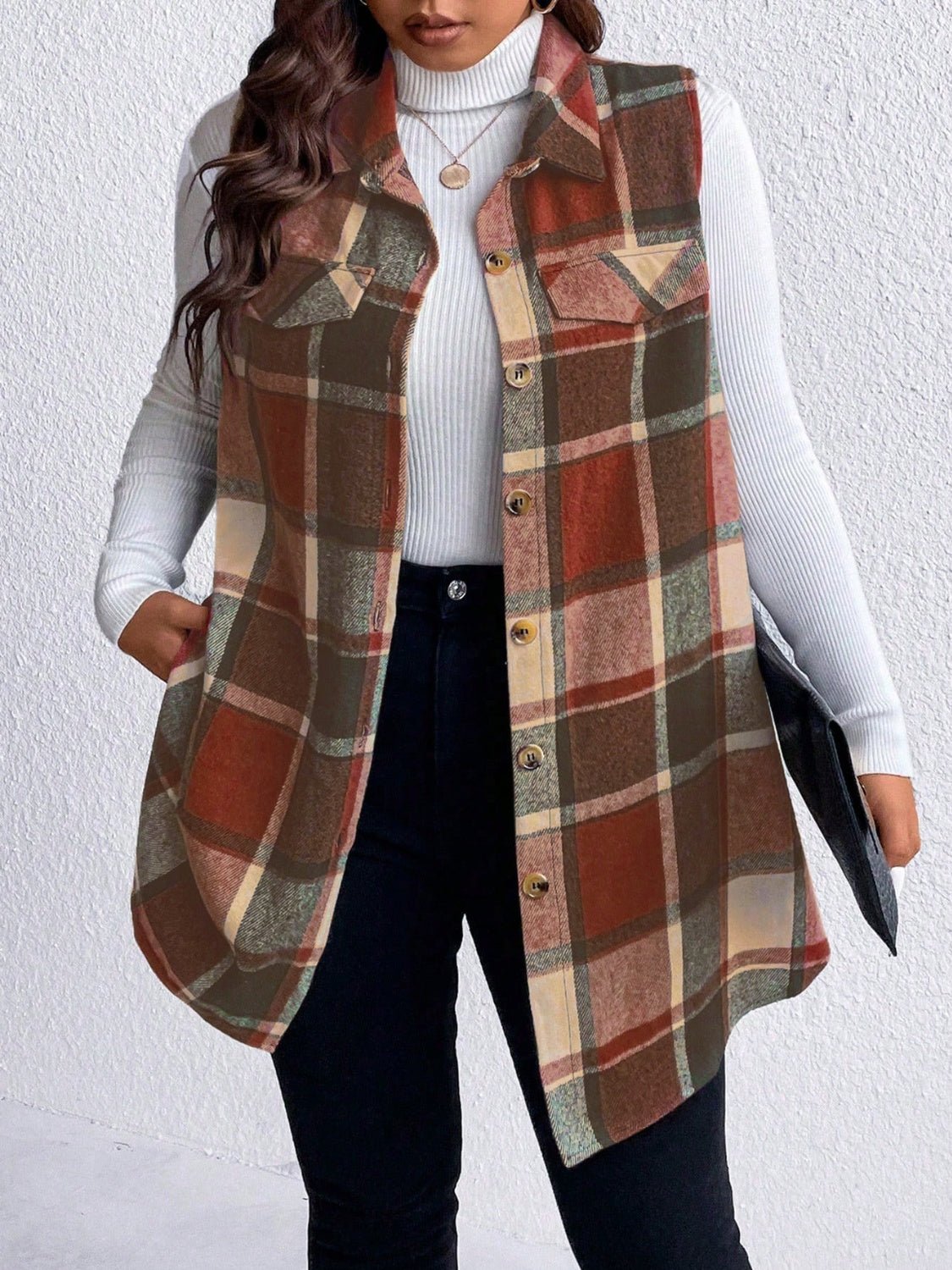 Honey Plus Size Pocketed Plaid Button Up Vest Coat - Bella Blue Styles