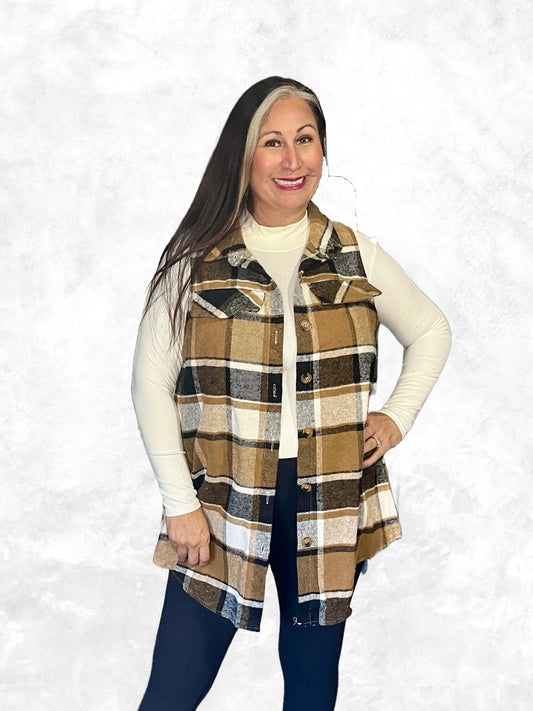 Honey Plus Size Pocketed Plaid Button Up Vest Coat - Bella Blue Styles