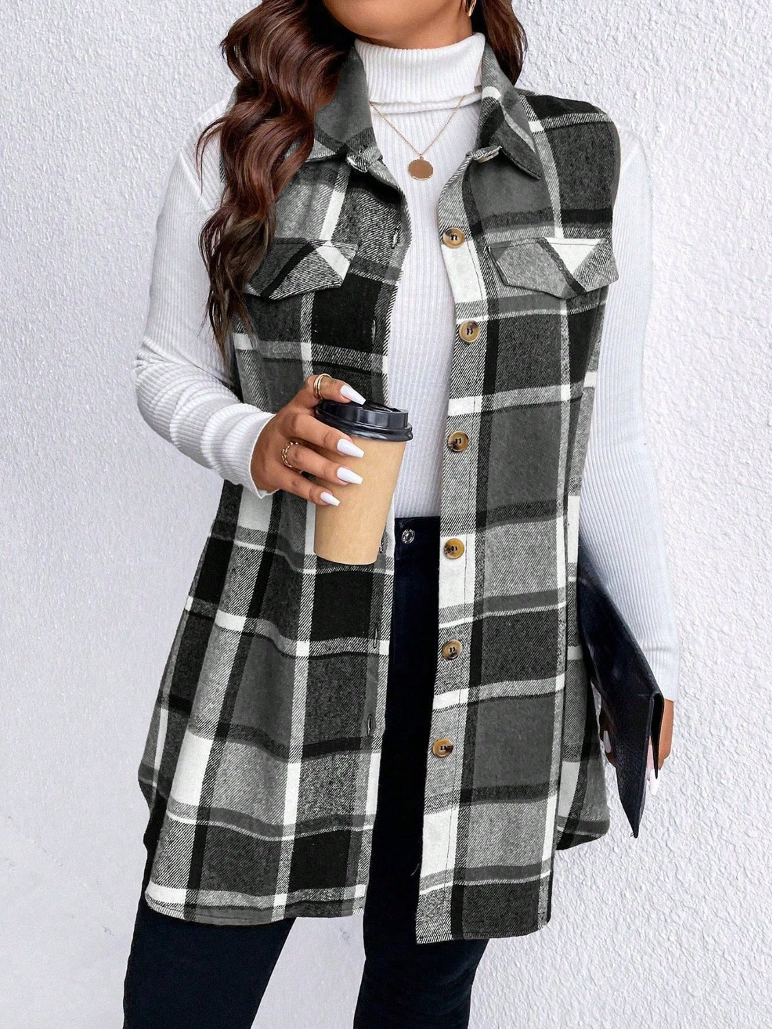 Honey Plus Size Pocketed Plaid Button Up Vest Coat - Bella Blue Styles