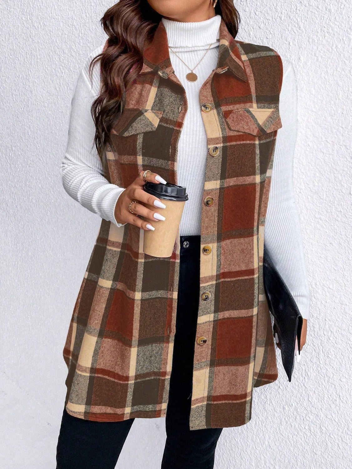 Honey Plus Size Pocketed Plaid Button Up Vest Coat - Bella Blue Styles