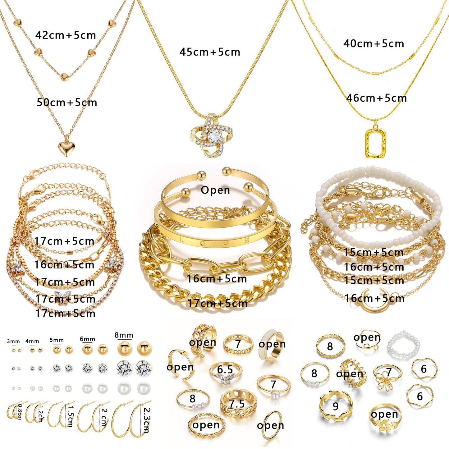 IFKM Gold Plated Jewelry Set with 5 PCS Necklace, 14 PCS Bracelet, 20 Pairs Earring, 20 PCS Knuckle Rings for Women Valentine Anniversary Birthday Friendship Gift - Bella Blue Styles