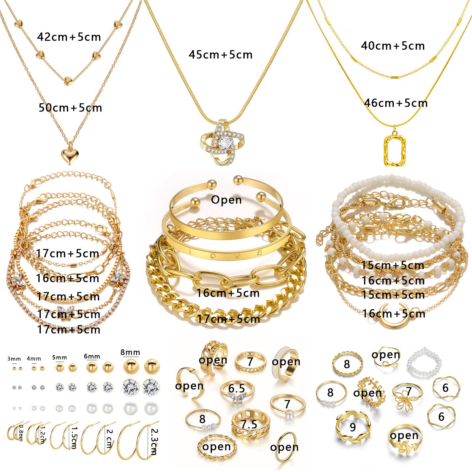 IFKM Gold Plated Jewelry Set with 5 PCS Necklace, 14 PCS Bracelet, 20 Pairs Earring, 20 PCS Knuckle Rings for Women Valentine Anniversary Birthday Friendship Gift - Bella Blue Styles