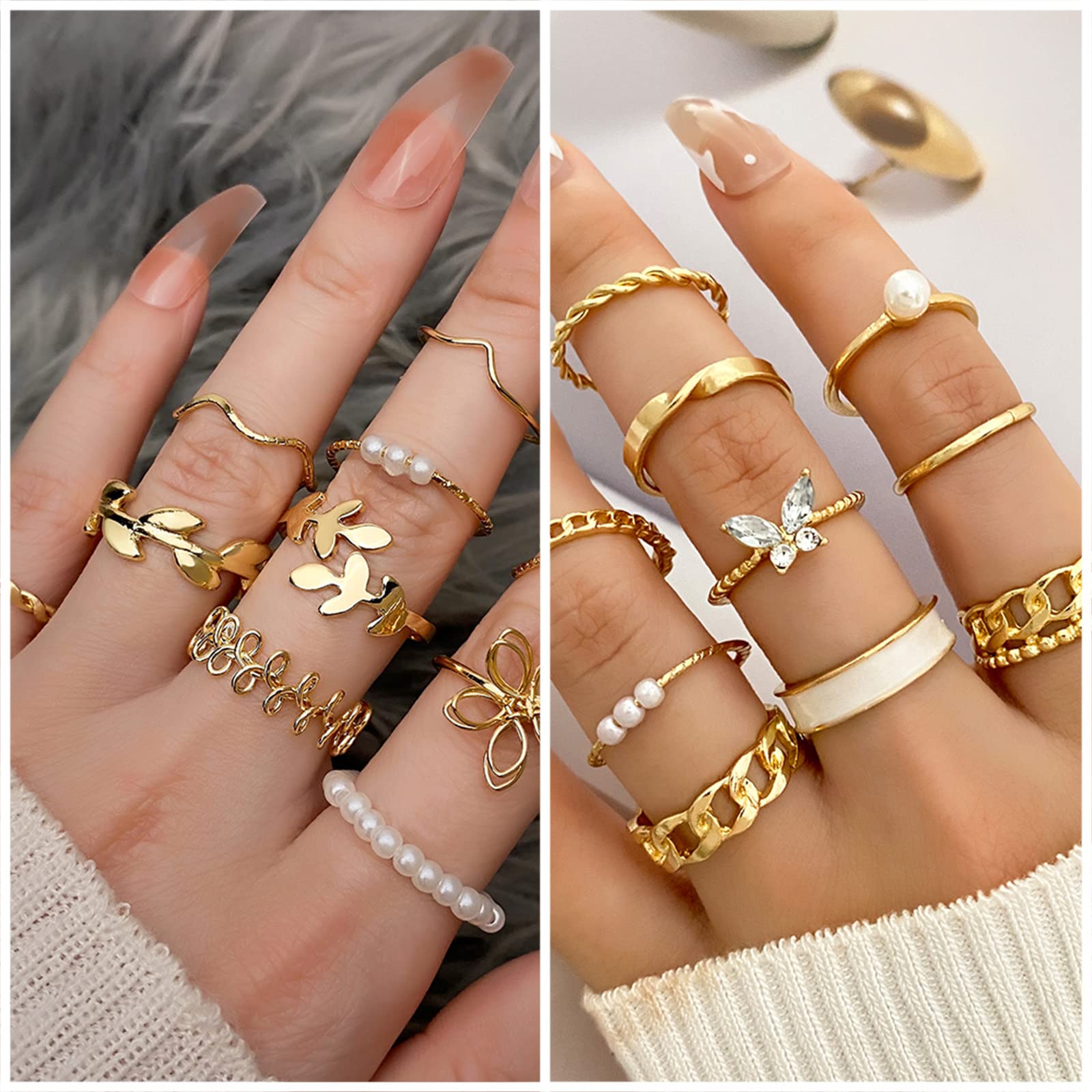 IFKM Gold Plated Jewelry Set with 5 PCS Necklace, 14 PCS Bracelet, 20 Pairs Earring, 20 PCS Knuckle Rings for Women Valentine Anniversary Birthday Friendship Gift - Bella Blue Styles