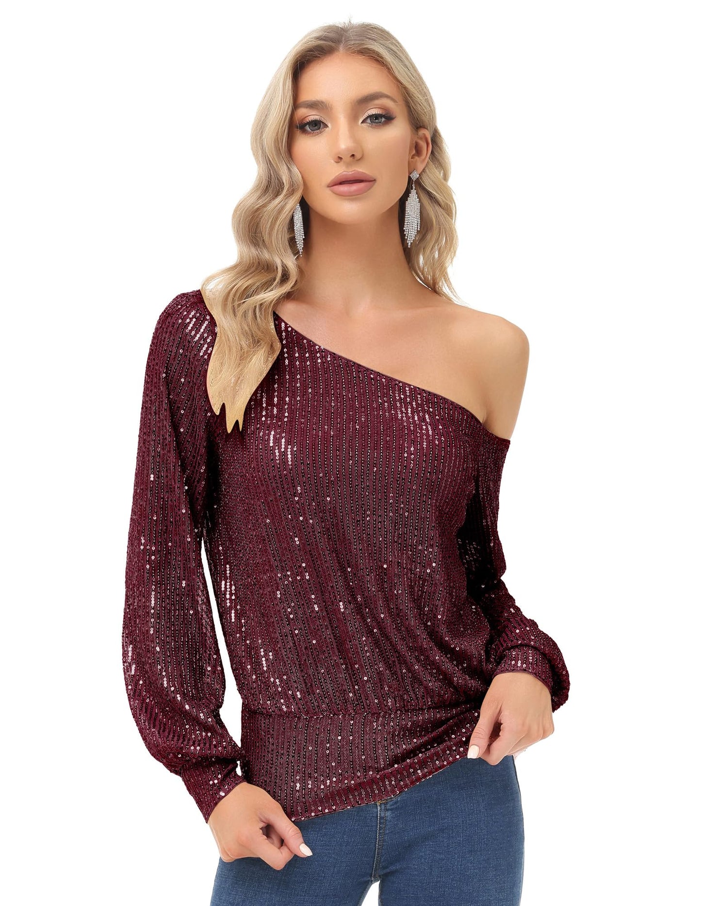 KANCY KOLE Women's One Shoulder Glitter Sequins Shirts Top Casual Long Sleeve Party Tee Tops(XL, Wine Red) - Bella Blue Styles