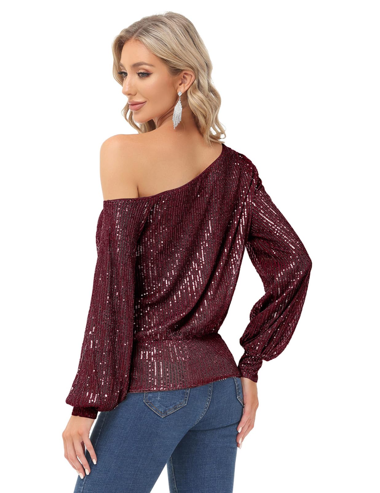 KANCY KOLE Women's One Shoulder Glitter Sequins Shirts Top Casual Long Sleeve Party Tee Tops(XL, Wine Red) - Bella Blue Styles