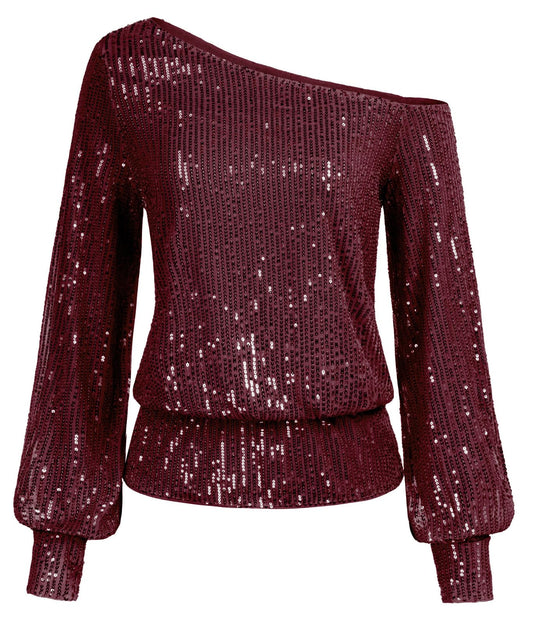 KANCY KOLE Women's One Shoulder Glitter Sequins Shirts Top Casual Long Sleeve Party Tee Tops(XL, Wine Red) - Bella Blue Styles