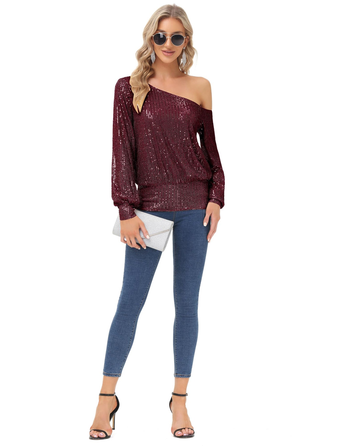 KANCY KOLE Women's One Shoulder Glitter Sequins Shirts Top Casual Long Sleeve Party Tee Tops(XL, Wine Red) - Bella Blue Styles