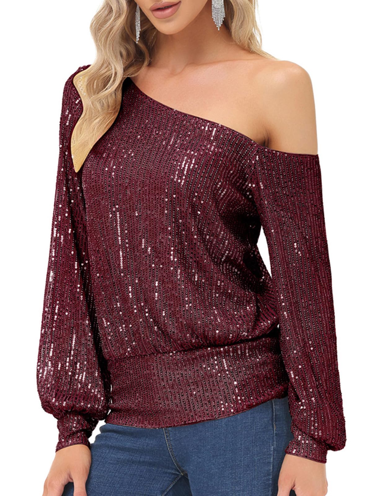 KANCY KOLE Women's One Shoulder Glitter Sequins Shirts Top Casual Long Sleeve Party Tee Tops(XL, Wine Red) - Bella Blue Styles