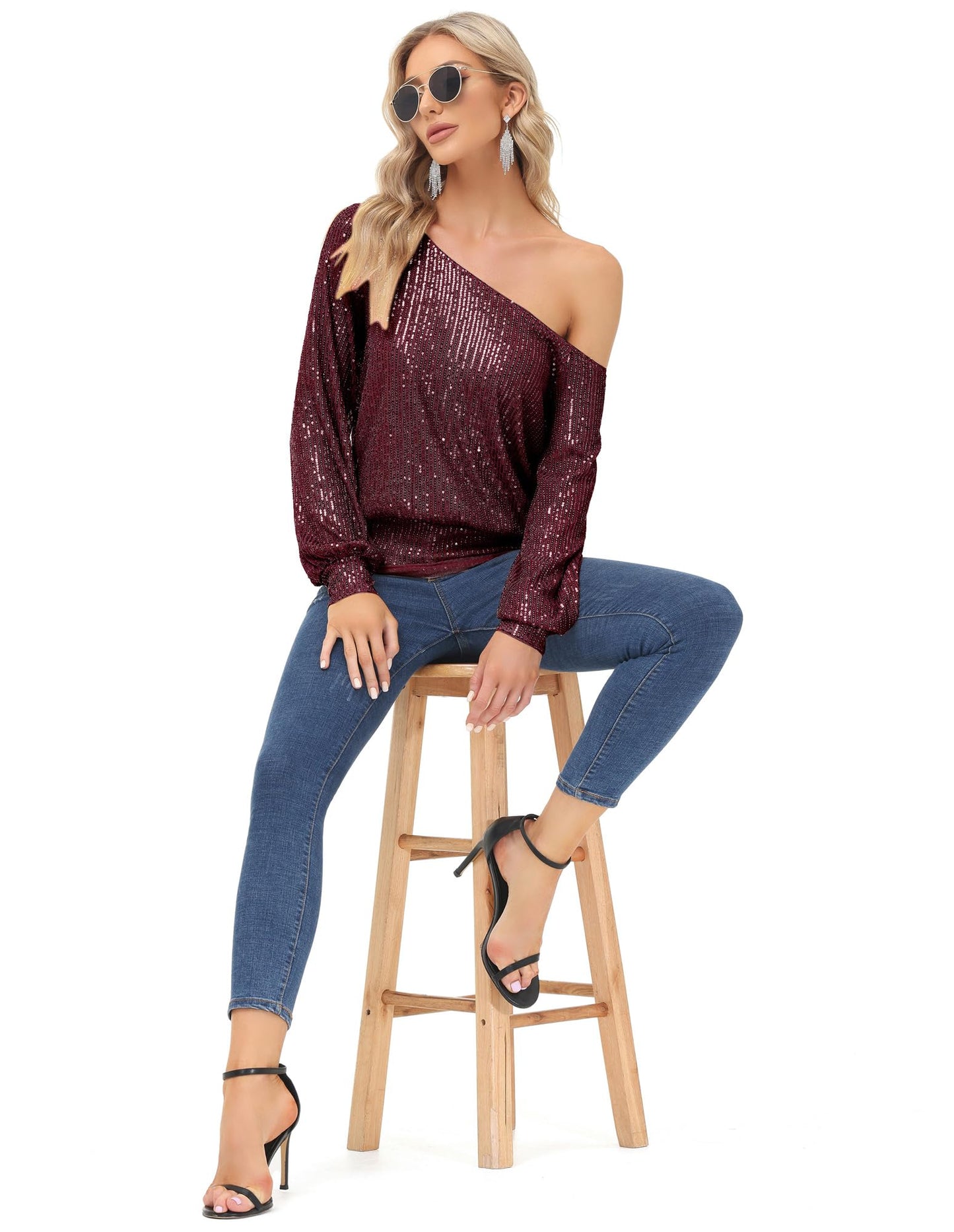 KANCY KOLE Women's One Shoulder Glitter Sequins Shirts Top Casual Long Sleeve Party Tee Tops(XL, Wine Red) - Bella Blue Styles