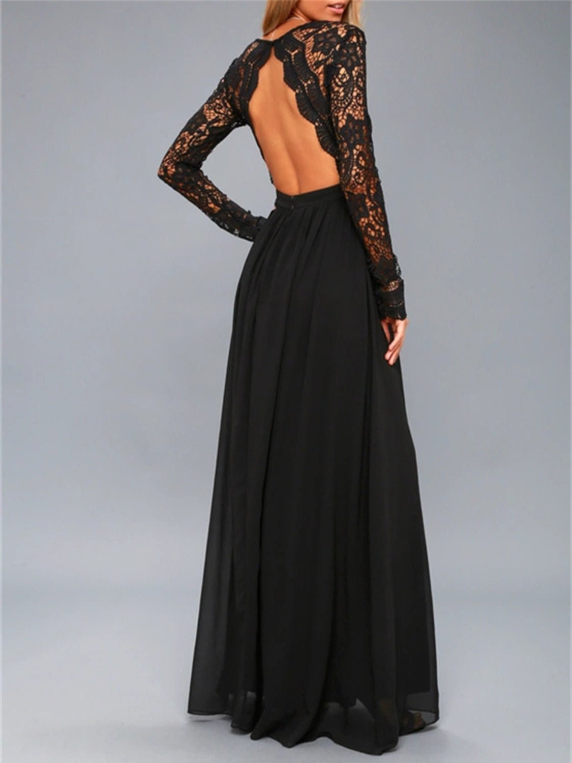 Lace Detail Backless Long Sleeve Maxi Dress - Bella Blue Styles