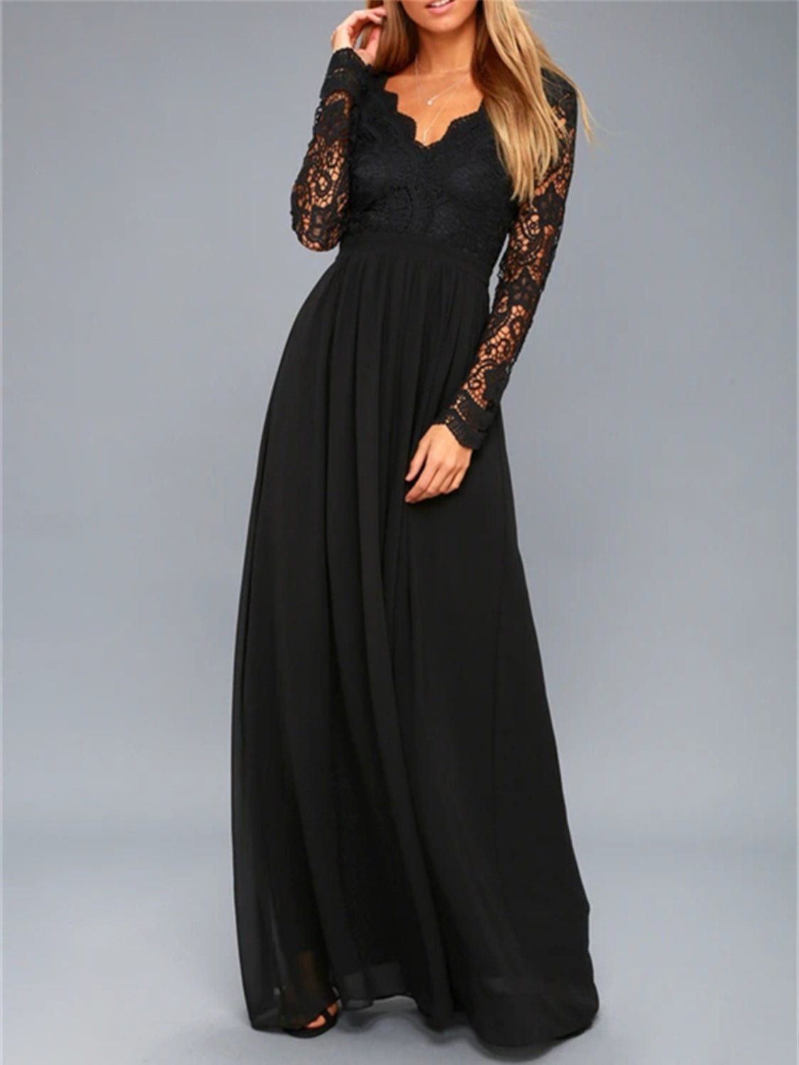 Lace Detail Backless Long Sleeve Maxi Dress - Bella Blue Styles