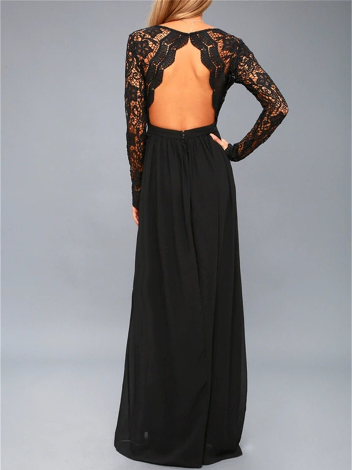 Lace Detail Backless Long Sleeve Maxi Dress - Bella Blue Styles