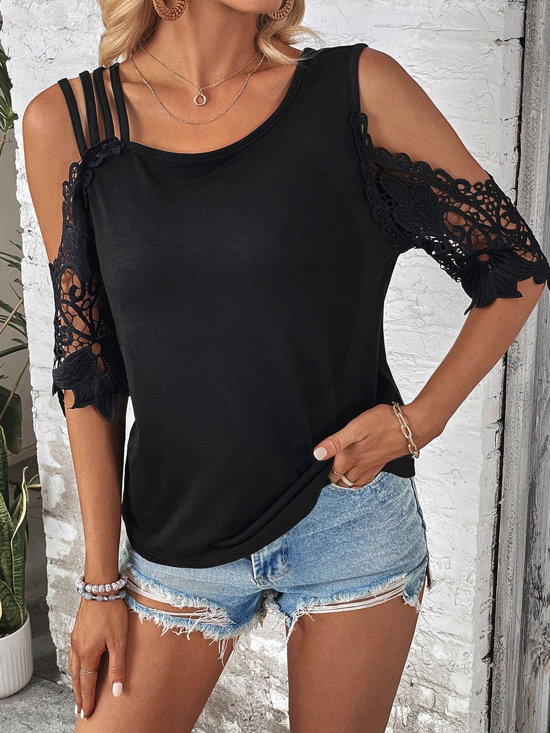 Lace Detail Cold Shoulder Blouse - Bella Blue Styles