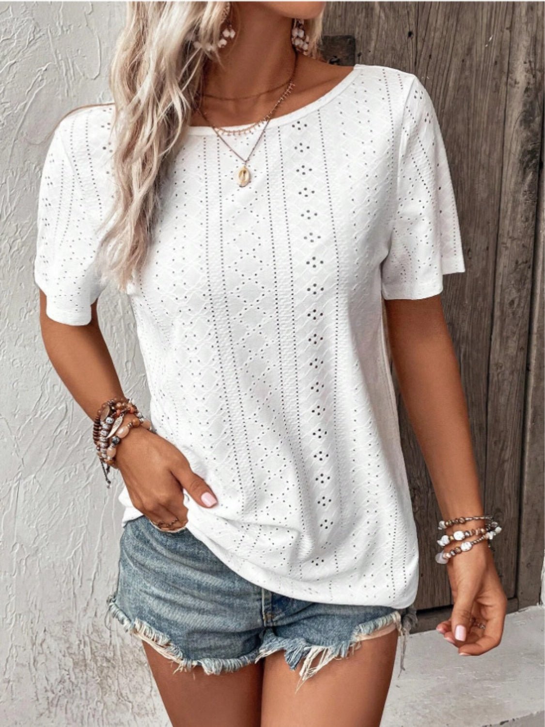 Lace Detail Eyelet Short Sleeve Blouse - Bella Blue Styles