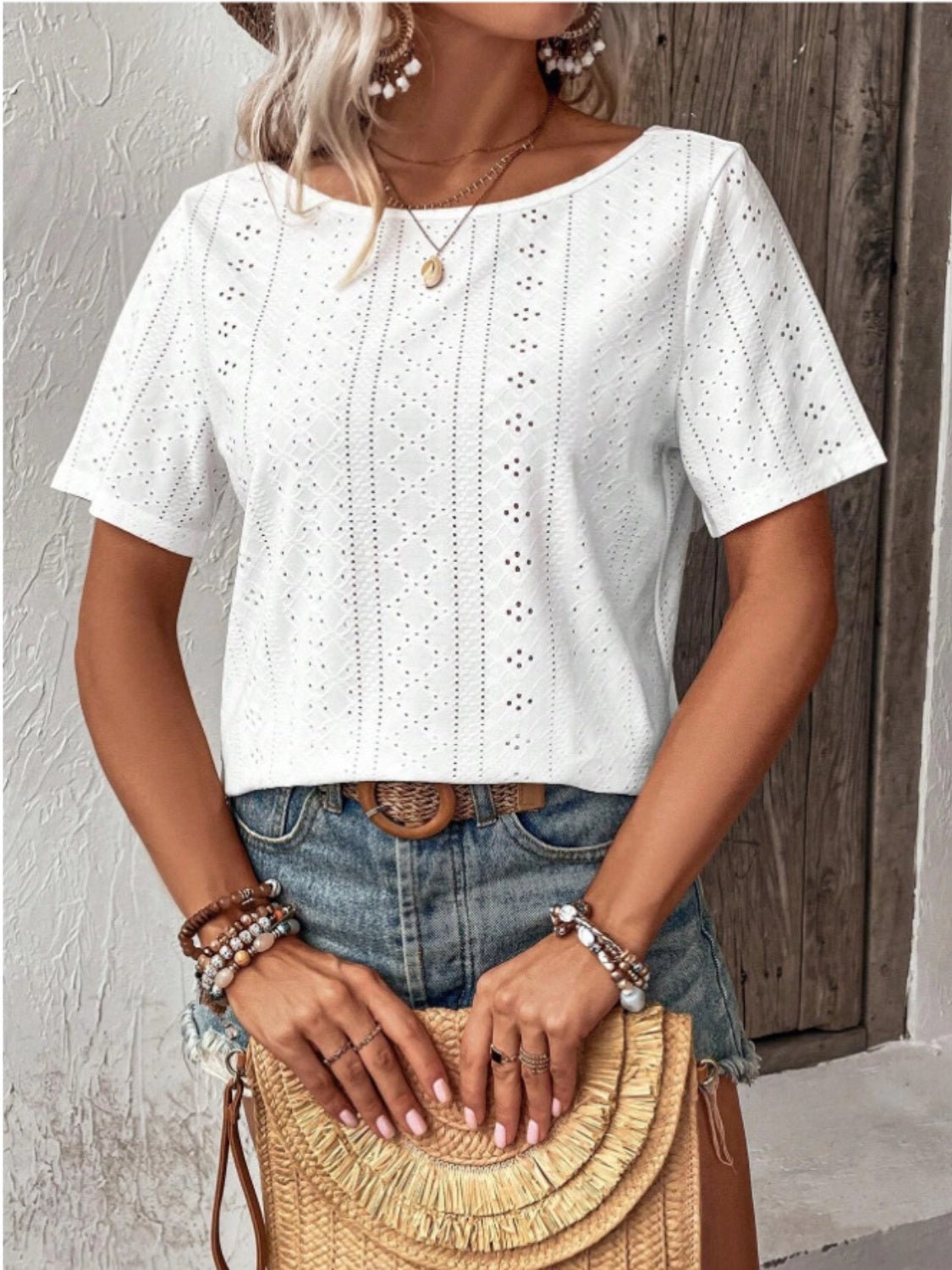 Lace Detail Eyelet Short Sleeve Blouse - Bella Blue Styles