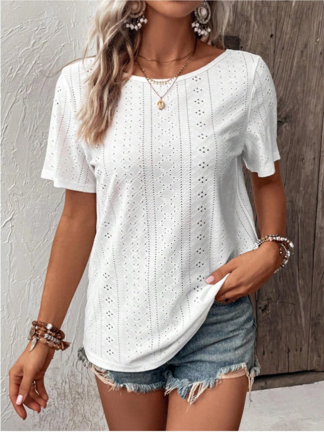 Lace Detail Eyelet Short Sleeve Blouse - Bella Blue Styles