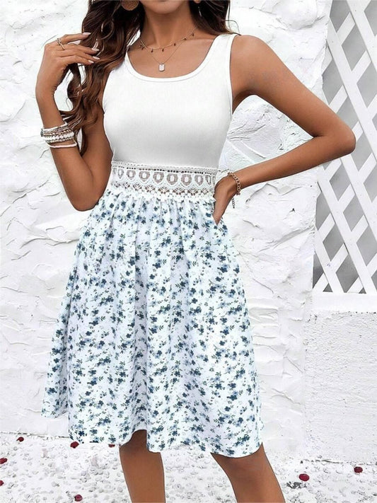 Lace Detail Floral Round Neck Sleeveless Dress - Bella Blue Styles