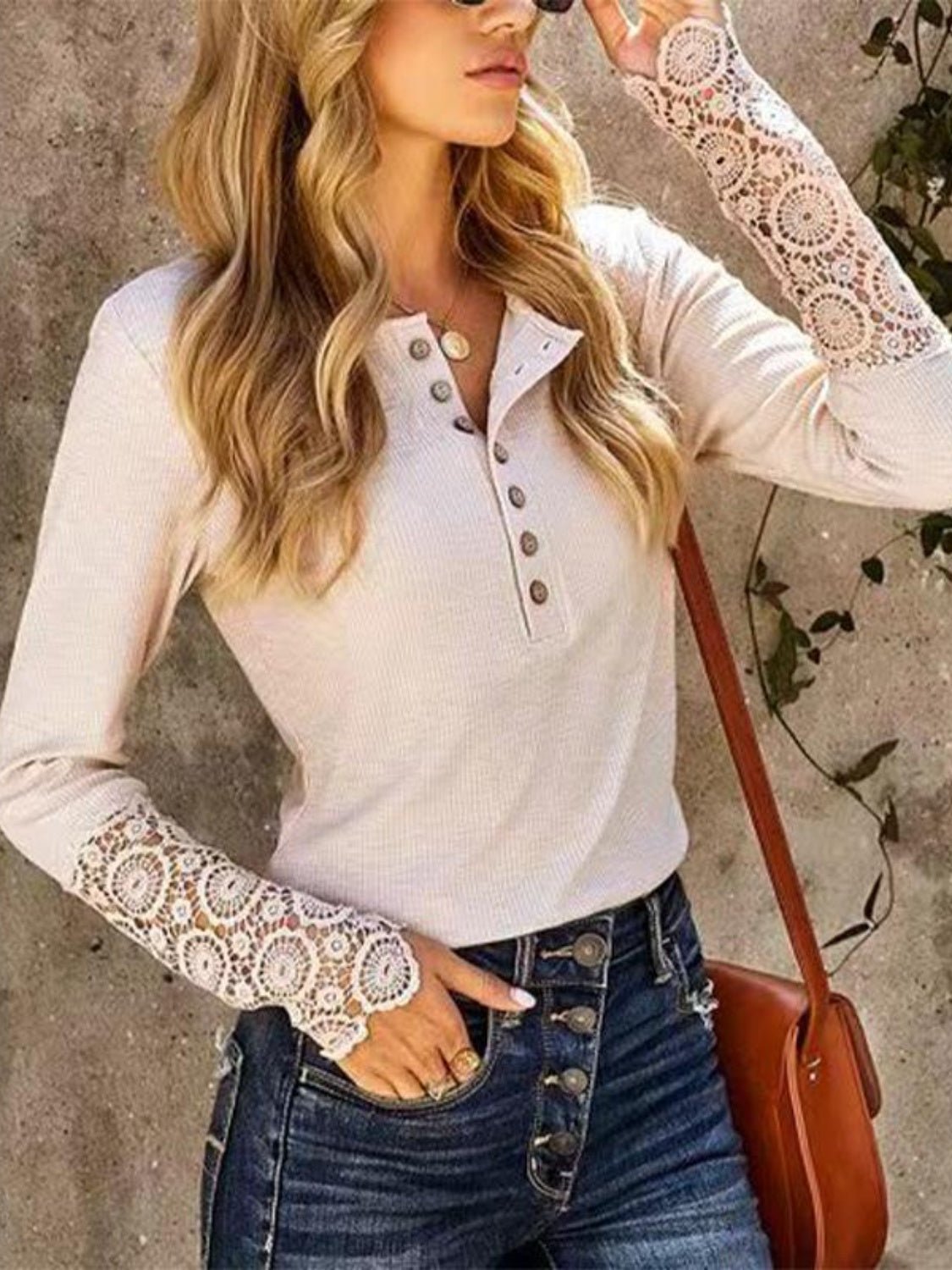 Lace Detail Half Button Round Neck Long Sleeve T-Shirt - Bella Blue Styles