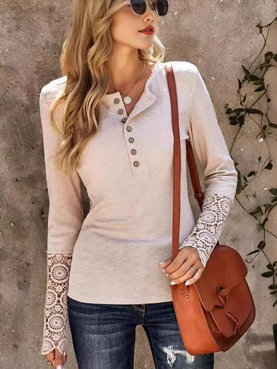 Lace Detail Half Button Round Neck Long Sleeve T-Shirt - Bella Blue Styles