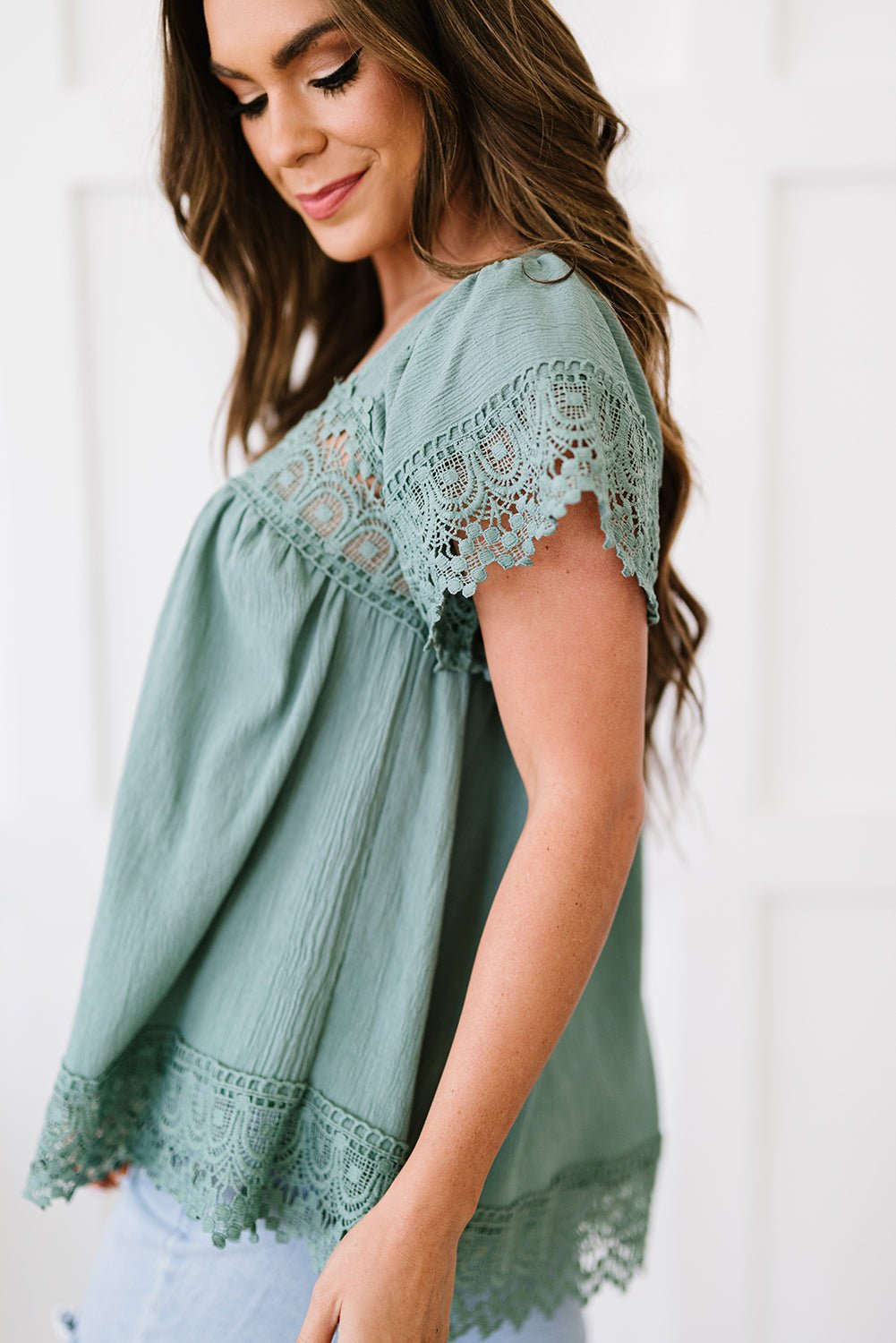 Lace Detail Square Neck Short Sleeve Blouse - Bella Blue Styles