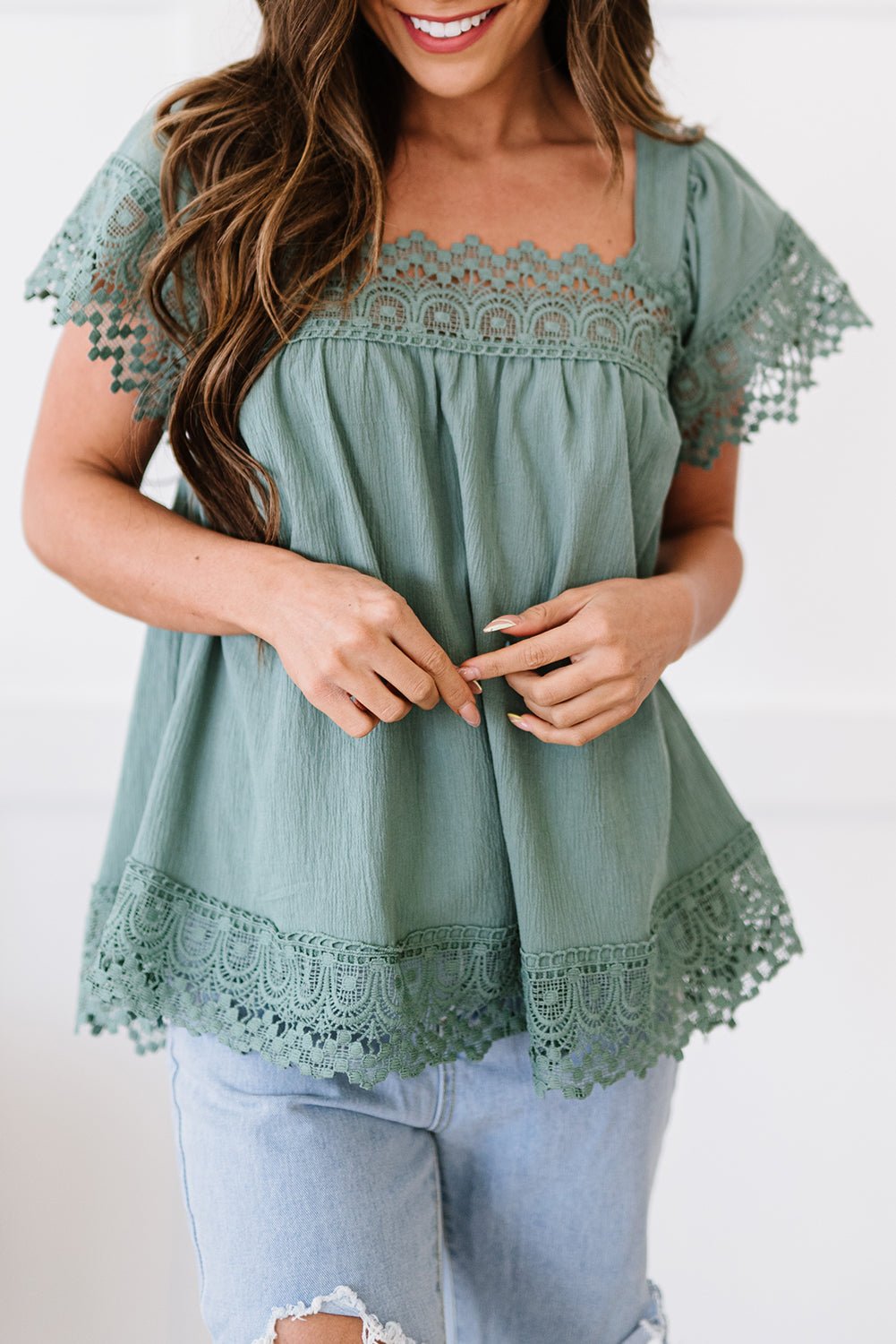 Lace Detail Square Neck Short Sleeve Blouse - Bella Blue Styles