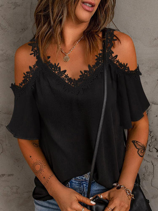 Lace Detail V-Neck Half Sleeve Blouse - Bella Blue Styles