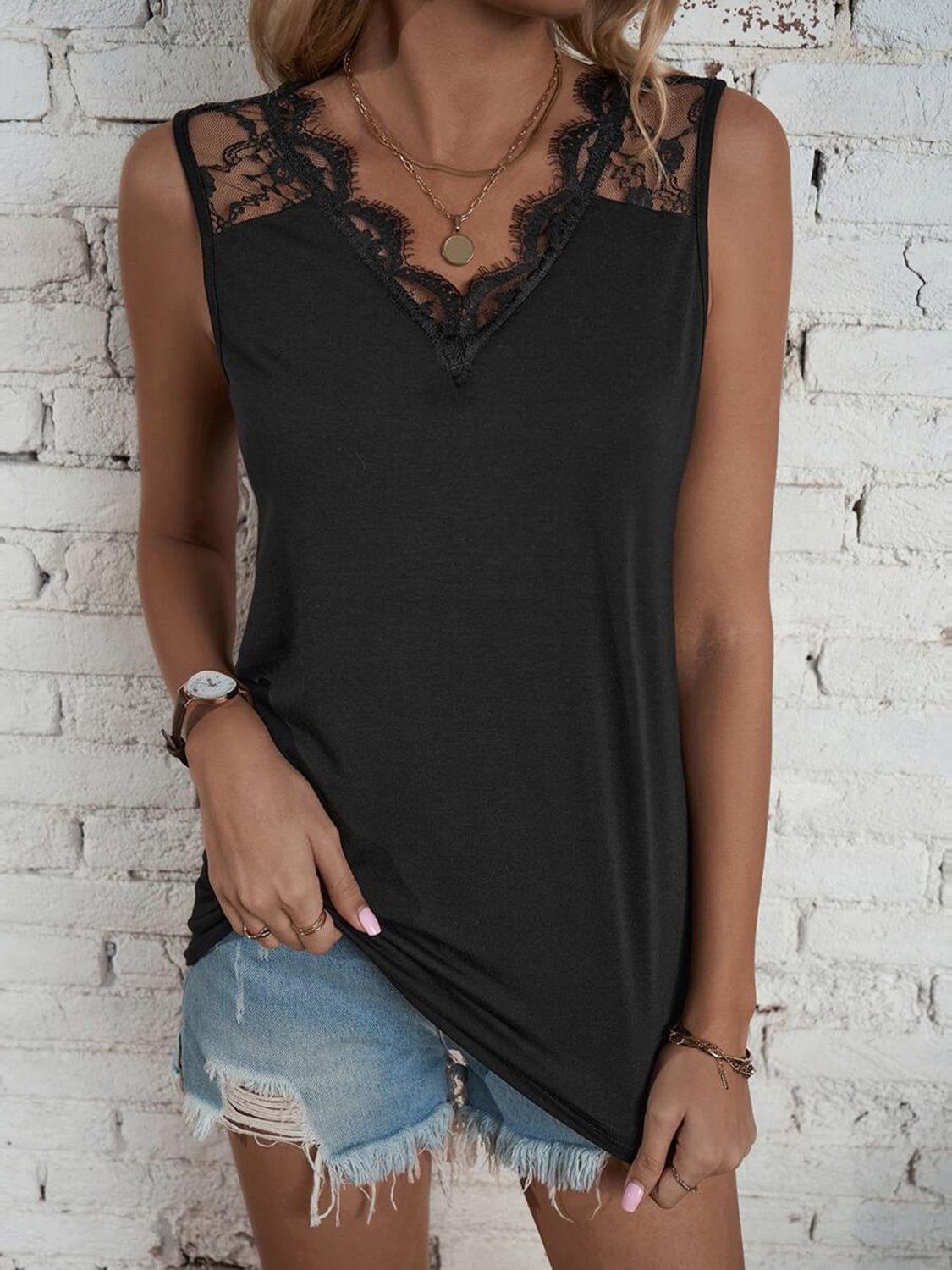 Lace Detail V-Neck Tank - Bella Blue Styles