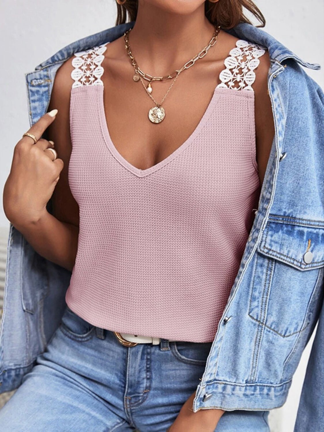 Lace Detail Waffle-Knit V-Neck Tank - Bella Blue Styles