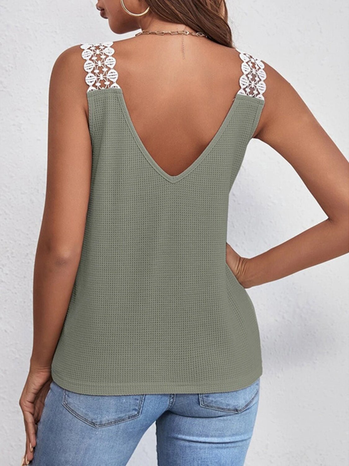 Lace Detail Waffle-Knit V-Neck Tank - Bella Blue Styles