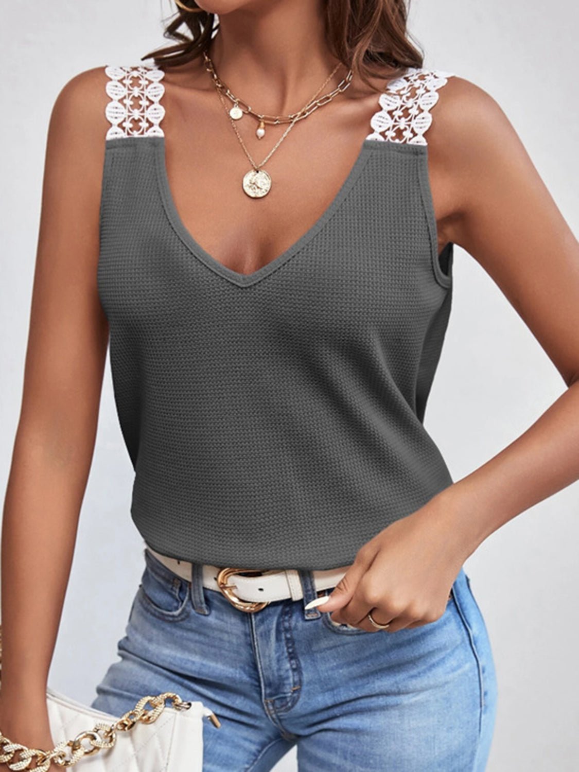 Lace Detail Waffle-Knit V-Neck Tank - Bella Blue Styles