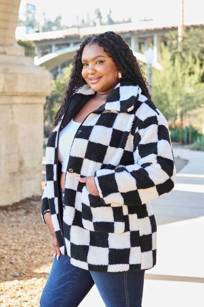 Let's Race Fuzzy Checkered Coat with Pockets - Bella Blue Styles