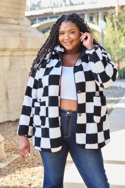 Let's Race Fuzzy Checkered Coat with Pockets - Bella Blue Styles