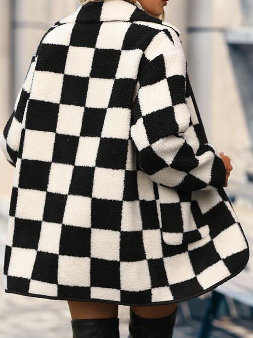 Let's Race Fuzzy Checkered Coat with Pockets - Bella Blue Styles