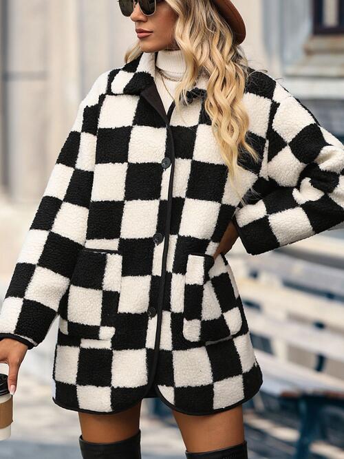 Let's Race Fuzzy Checkered Coat with Pockets - Bella Blue Styles