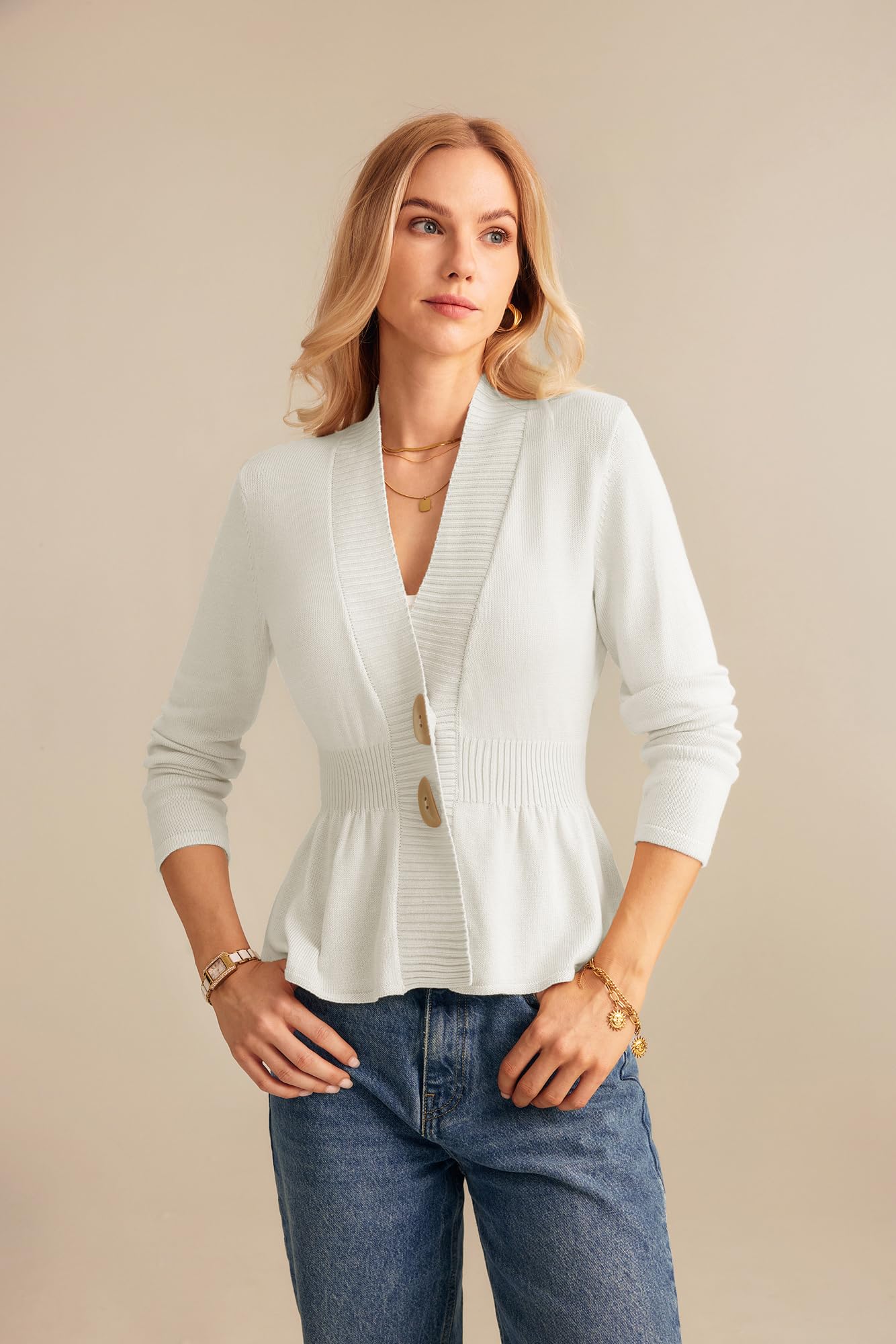 Lightweight Sweater Cardigan for Women Long Sleeve Peplum Stretch Waist Crochet Tops White Cardigan XL - Bella Blue Styles