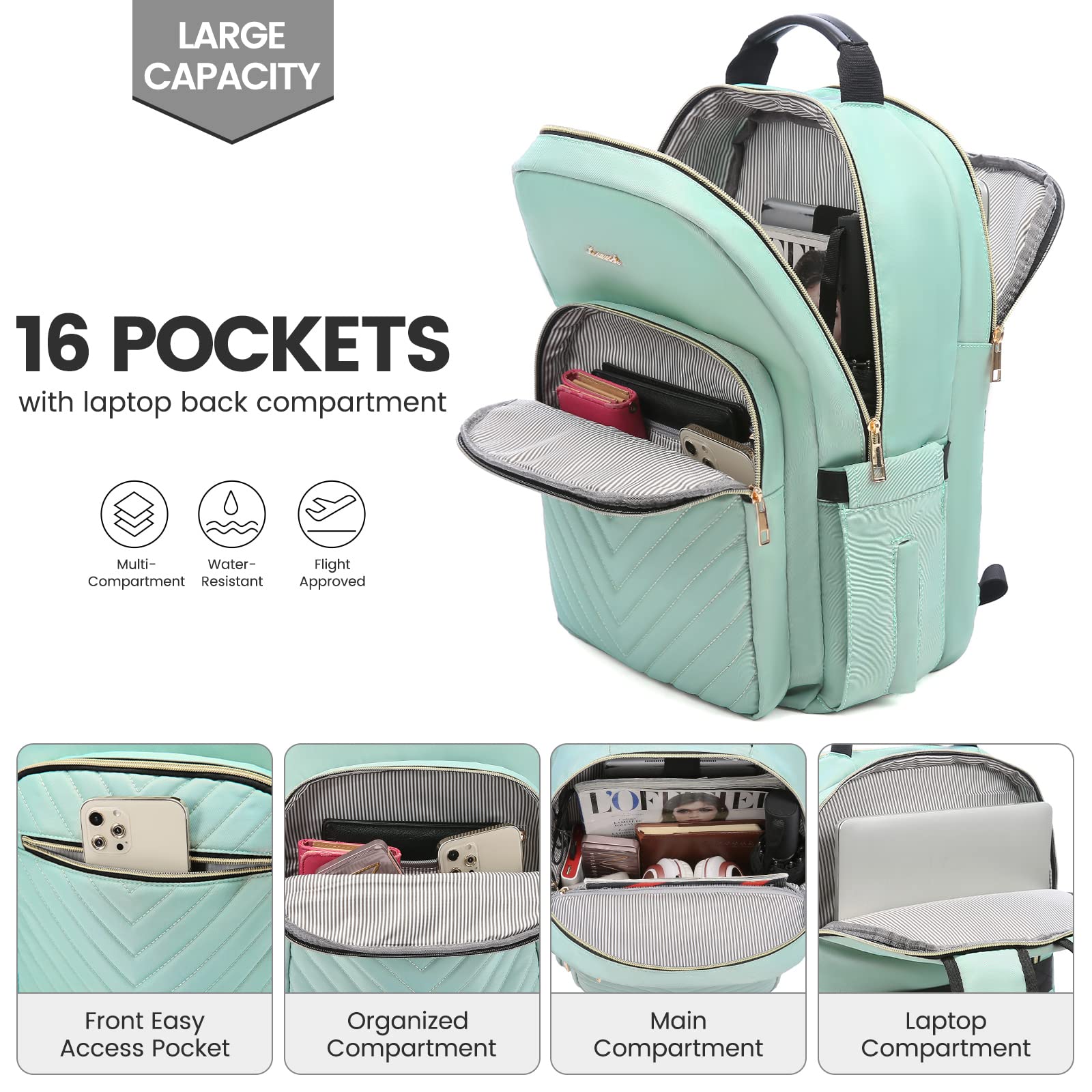 LOVEVOOK Laptop Backpack for Women 15.6 inch,Cute Womens Travel Backpack Purse,Professional Laptop Computer Bag,Waterproof Work Business College Teacher Bags Carry on Backpack with USB Port,Mint Green - Bella Blue Styles