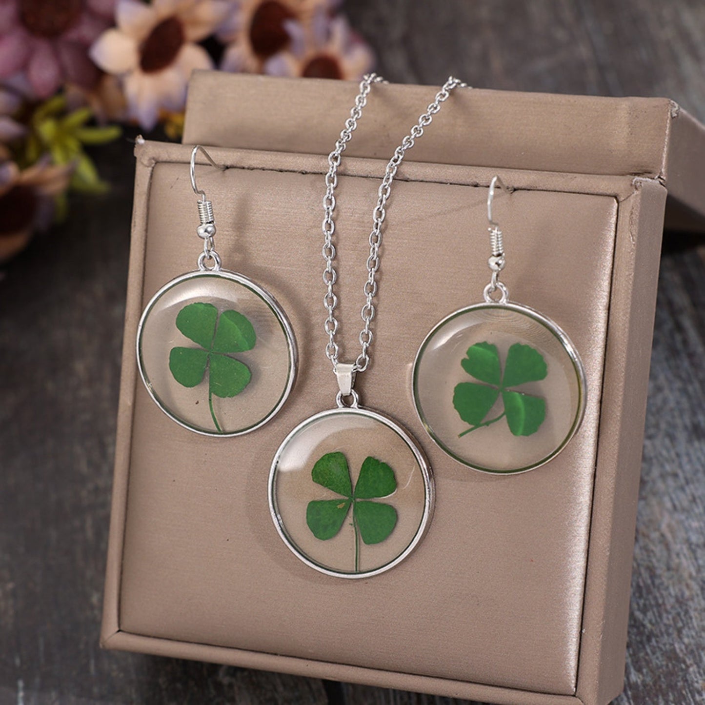 Lucky Clover Alloy Acrylic Earrings and Necklace Jewelry Set - Bella Blue Styles