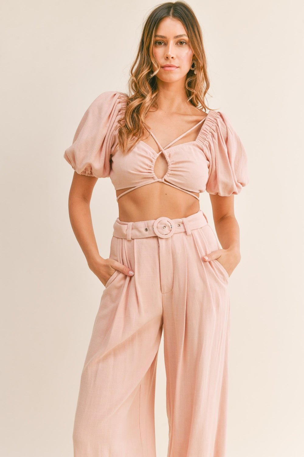 MABLE Cut Out Drawstring Crop Top and Belted Pants Set - Bella Blue Styles