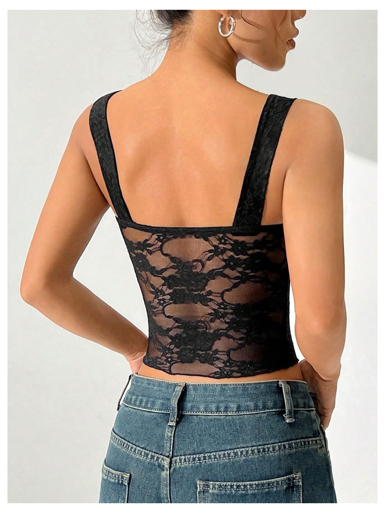 MakeMeChic Women's Floral Lace Square Neck Tank Top Ruched Sheer Mesh Camisole Crop Top Black Small - Bella Blue Styles